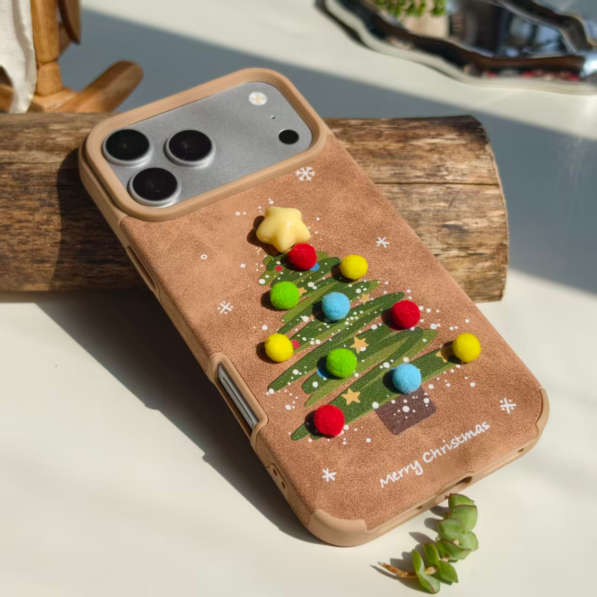 Vintage Christmas Tree Leather iPhone Case with Pom Poms | Cute 3D Star Cover | Compatible with iPhone 12-17 Pro Max | 2026 Trending Holiday Aesthetic
