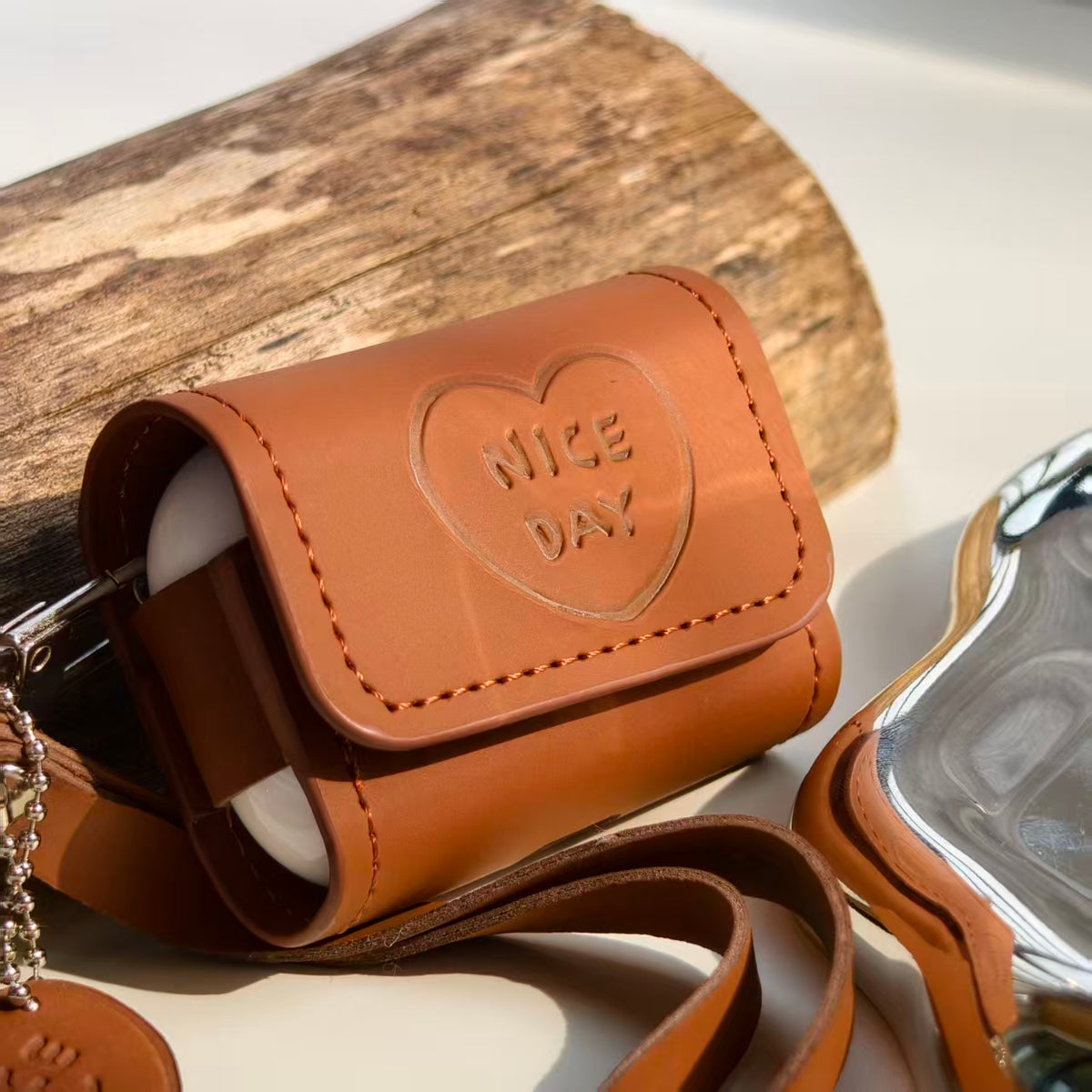 Vintage "NICE DAY" Heart Embossed Leather AirPods Case with Wristlet & Charm | Retro Brown Cover | Compatible with AirPods 1/2/3/Pro | 2026 Trending Aesthetic