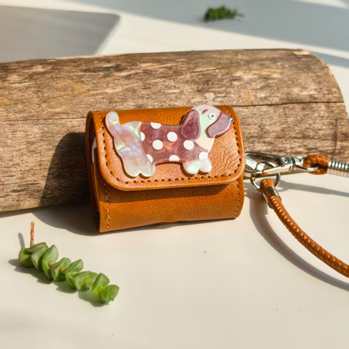 Vintage Polka Dot Dachshund Leather AirPods Case with Wristlet Strap | Cute Iridescent Dog Cover | Compatible with AirPods 1/2/3/Pro | 2026 Trending Retro Aesthetic