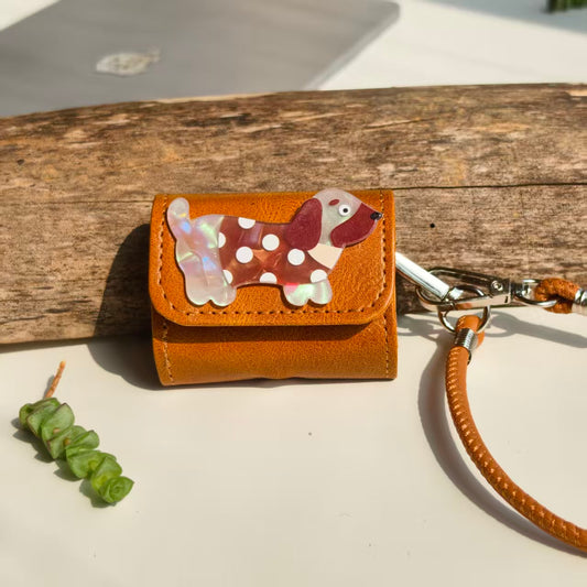 Vintage Polka Dot Dachshund Leather AirPods Case with Wristlet Strap | Cute Iridescent Dog Cover | Compatible with AirPods 1/2/3/Pro | 2026 Trending Retro Aesthetic