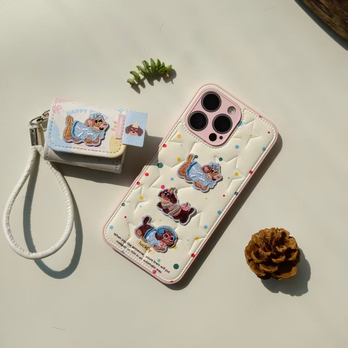 Cute Embroidered Dachshund Leather iPhone Case & AirPods Case Set | 2026 Trending Kawaii Dog Phone Cover for iPhone 12-17 Pro Max | AirPods 1/2/3/Pro | Retro Aesthetic Wristlet Strap