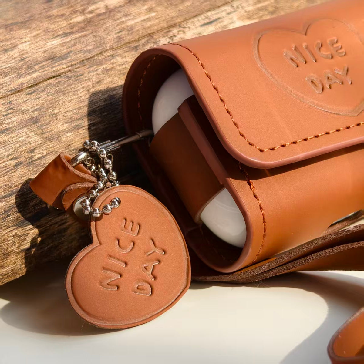 Vintage "NICE DAY" Heart Embossed Leather AirPods Case with Wristlet & Charm | Retro Brown Cover | Compatible with AirPods 1/2/3/Pro | 2026 Trending Aesthetic