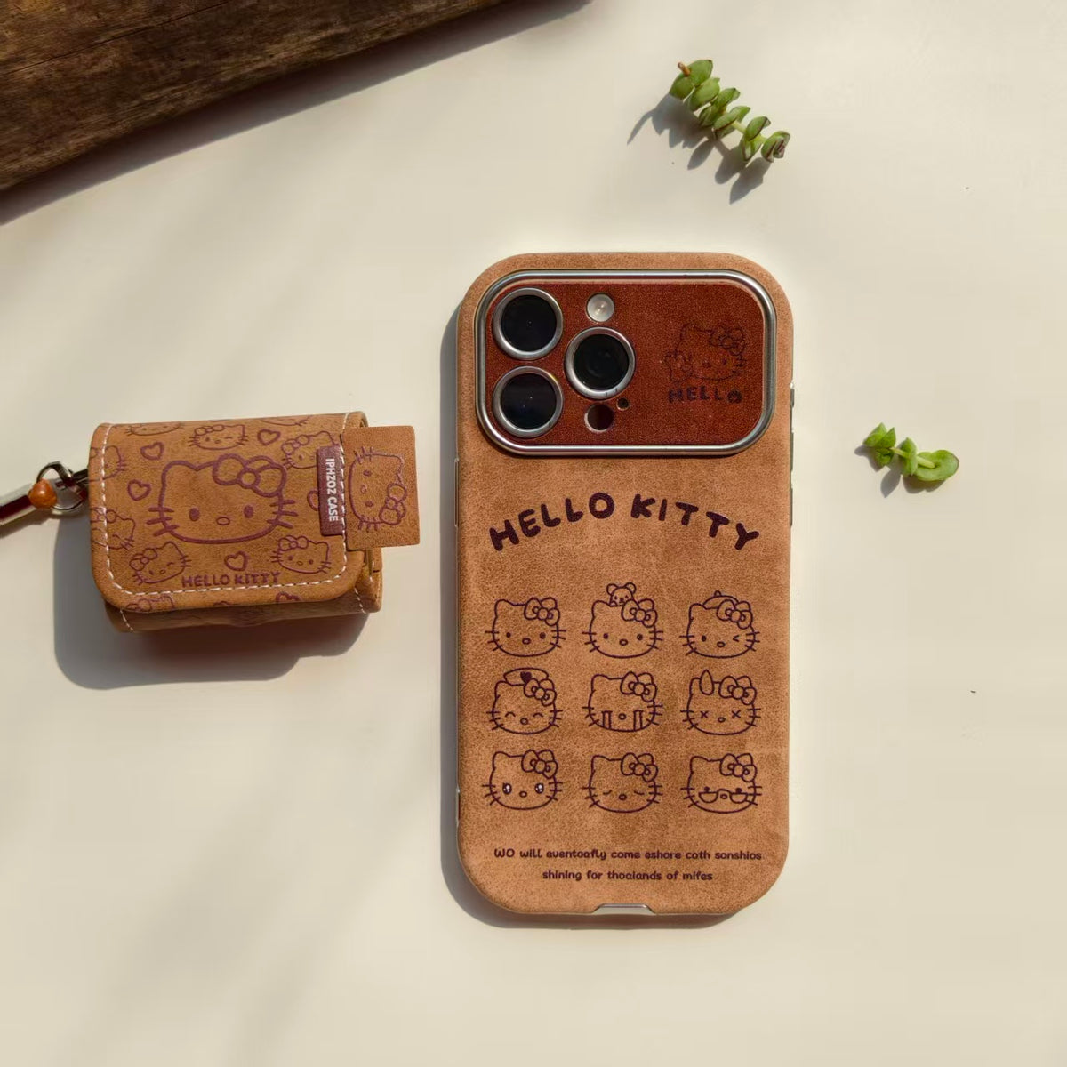 Vintage Hello Kitty Leather iPhone Case & AirPods Case Set | 2026 Trending Retro Kawaii Phone Cover for iPhone 12-17 Pro Max | AirPods 1/2/3/Pro | Brown Leather Wristlet Strap