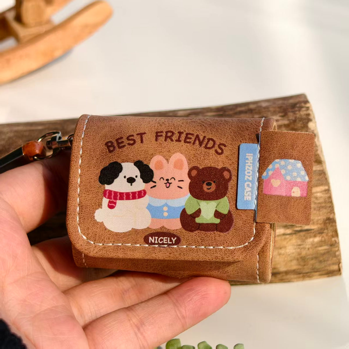 Vintage Best Friends Leather AirPods Case with Wristlet Strap | Cute Dog Bunny Bear Cartoon | Compatible with AirPods 1/2/3/Pro | Retro Aesthetic 2026 Trending