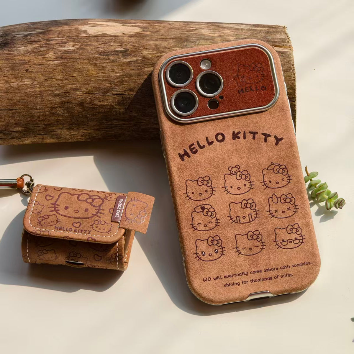 Vintage Hello Kitty Leather iPhone Case & AirPods Case Set | 2026 Trending Retro Kawaii Phone Cover for iPhone 12-17 Pro Max | AirPods 1/2/3/Pro | Brown Leather Wristlet Strap