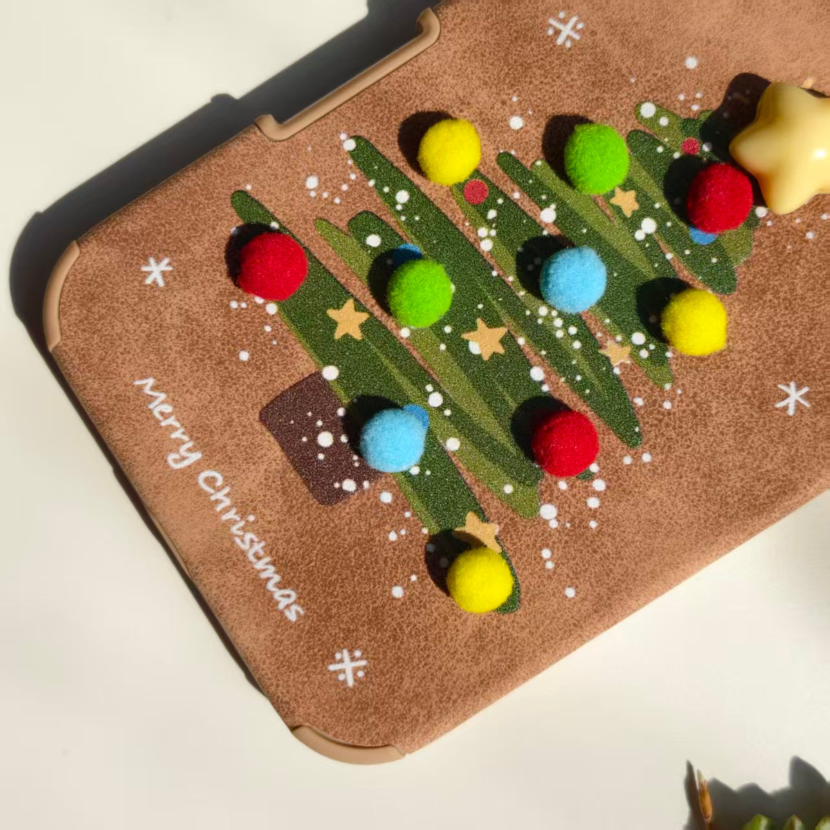 Vintage Christmas Tree Leather iPhone Case with Pom Poms | Cute 3D Star Cover | Compatible with iPhone 12-17 Pro Max | 2026 Trending Holiday Aesthetic