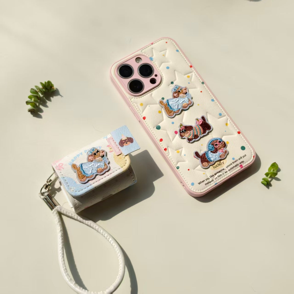 Cute Embroidered Dachshund Leather iPhone Case & AirPods Case Set | 2026 Trending Kawaii Dog Phone Cover for iPhone 12-17 Pro Max | AirPods 1/2/3/Pro | Retro Aesthetic Wristlet Strap
