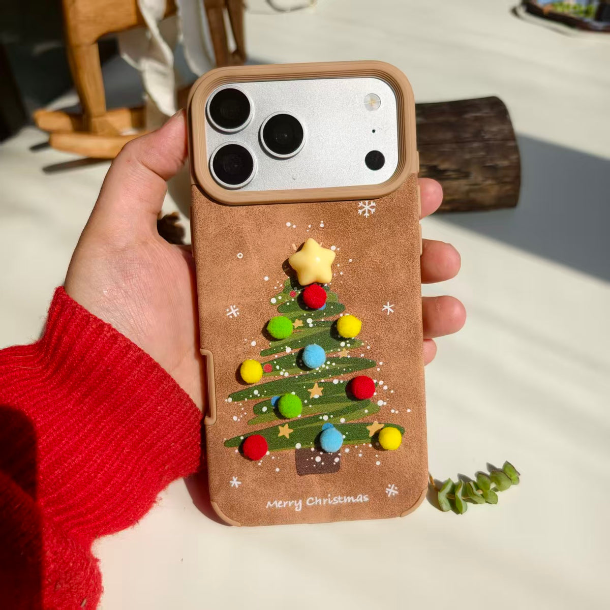 Vintage Christmas Tree Leather iPhone Case with Pom Poms | Cute 3D Star Cover | Compatible with iPhone 12-17 Pro Max | 2026 Trending Holiday Aesthetic