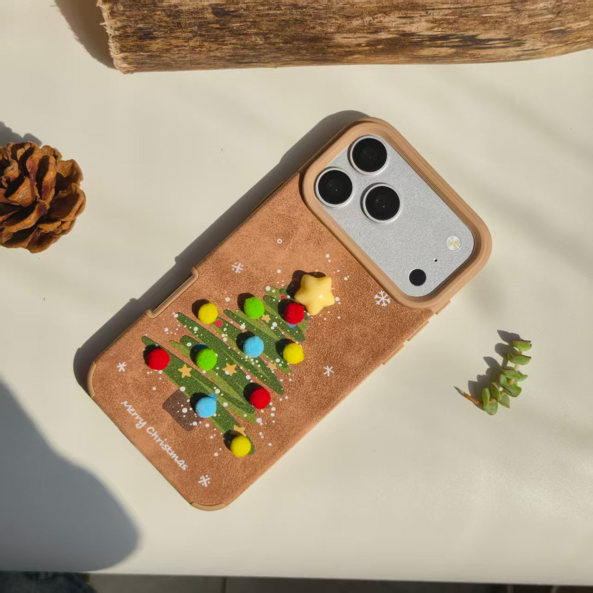 Vintage Christmas Tree Leather iPhone Case with Pom Poms | Cute 3D Star Cover | Compatible with iPhone 12-17 Pro Max | 2026 Trending Holiday Aesthetic