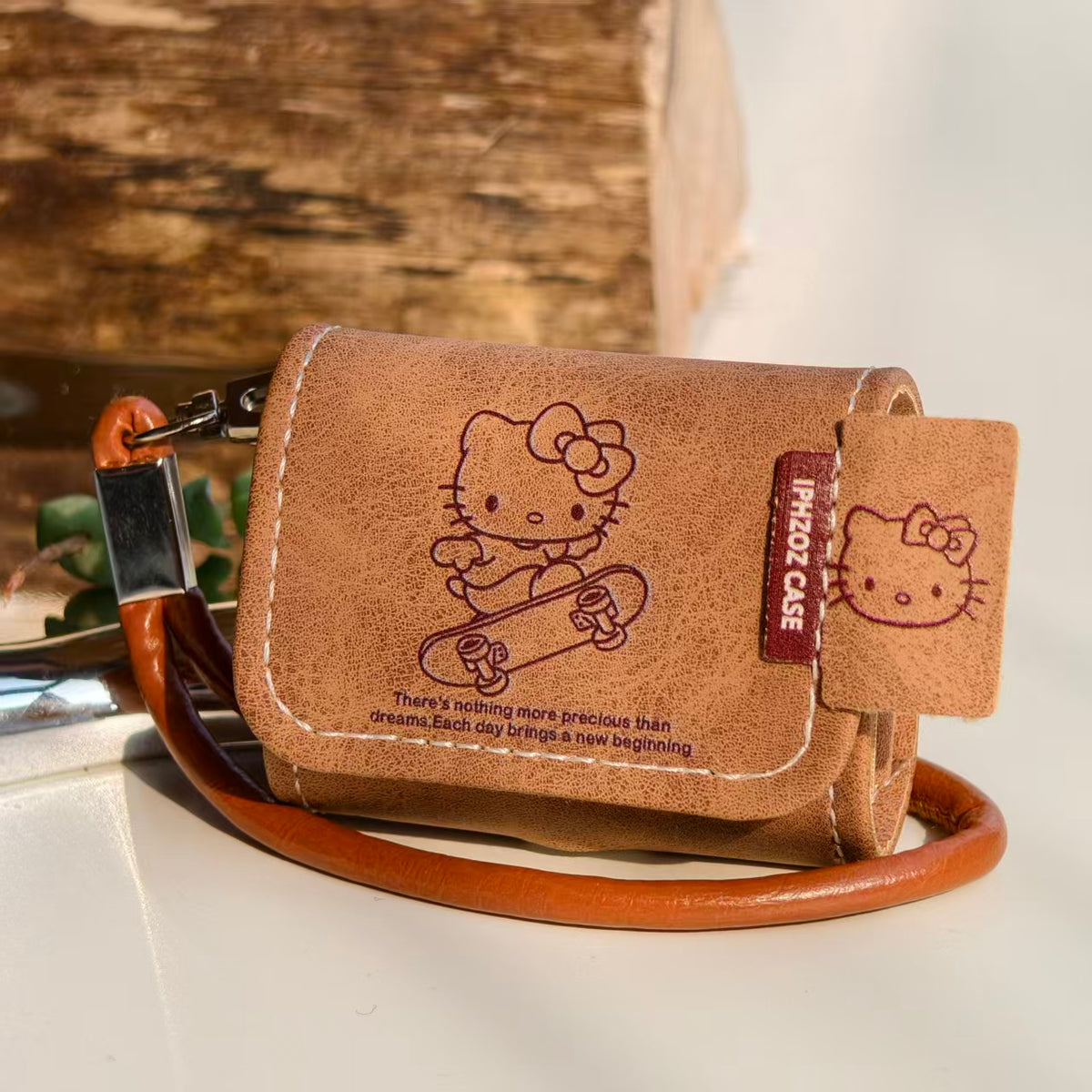 Vintage Skateboard Hello Kitty Leather AirPods Case with Wristlet Strap | Cute Retro Cartoon Cover | Compatible with AirPods 1/2/3/Pro | 2026 Trending Kawaii Accessory