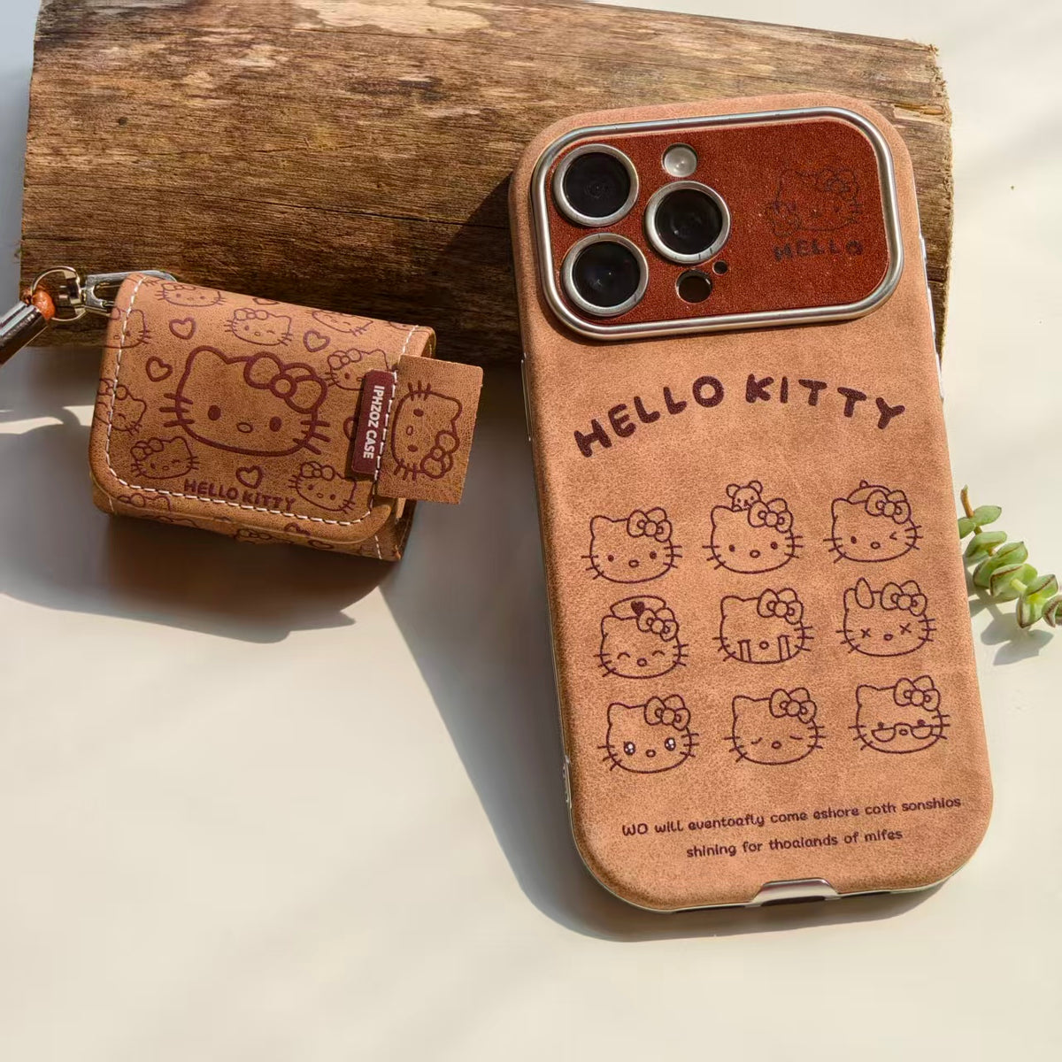 Vintage Hello Kitty Leather iPhone Case & AirPods Case Set | 2026 Trending Retro Kawaii Phone Cover for iPhone 12-17 Pro Max | AirPods 1/2/3/Pro | Brown Leather Wristlet Strap