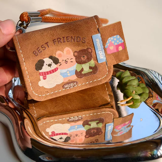 Vintage Best Friends Leather AirPods Case with Wristlet Strap | Cute Dog Bunny Bear Cartoon | Compatible with AirPods 1/2/3/Pro | Retro Aesthetic 2026 Trending