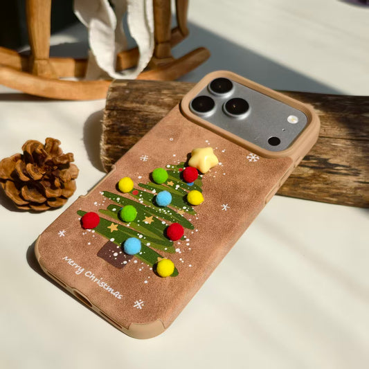 Vintage Christmas Tree Leather iPhone Case with Pom Poms | Cute 3D Star Cover | Compatible with iPhone 12-17 Pro Max | 2026 Trending Holiday Aesthetic