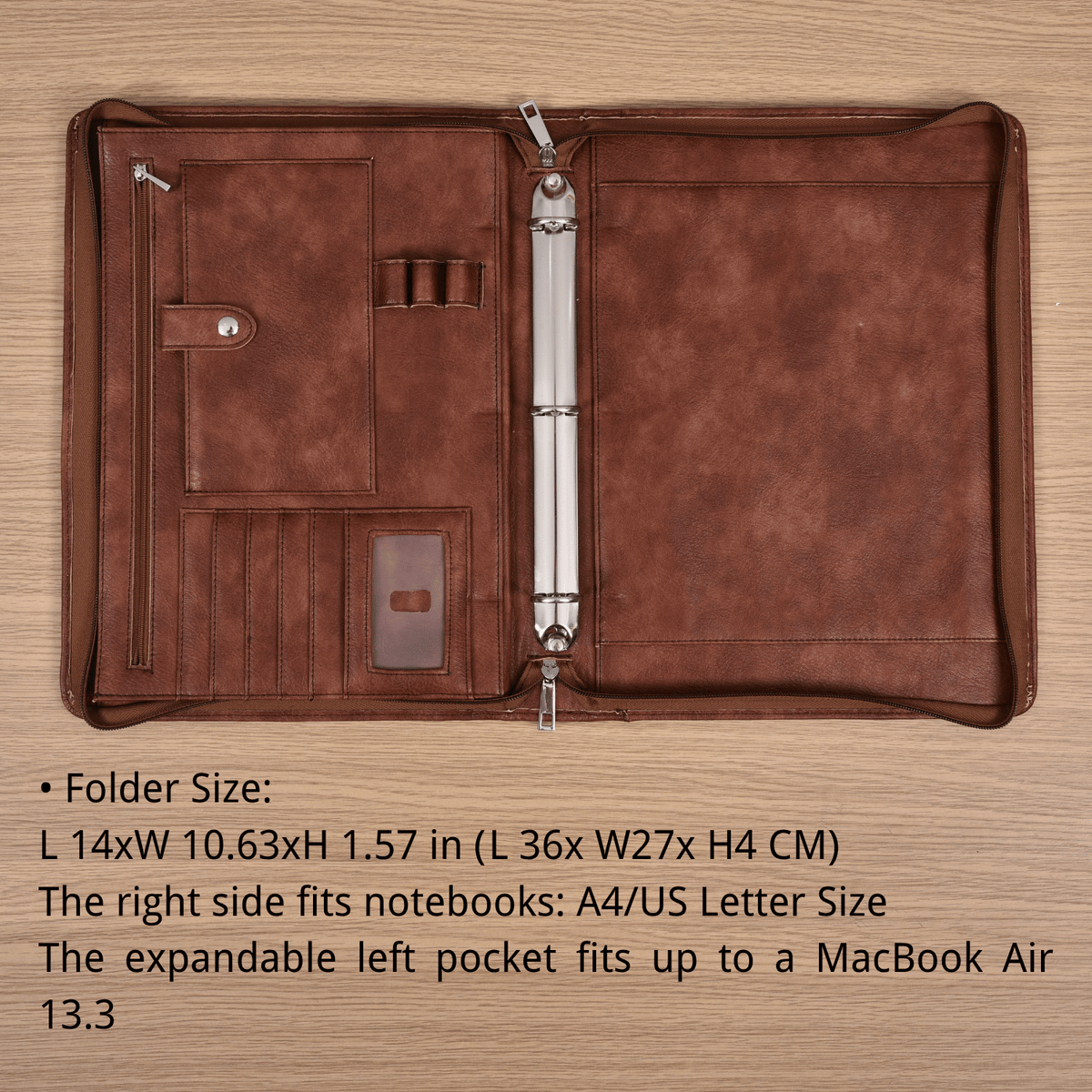 Personalized Vintage PU Leather A4 Portfolio Binder, Handmade Zipper Portfolio with Custom Name & Logo Embossing, Ring Binder, Laptop Pocket & Business Organizer