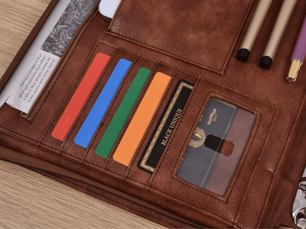 Personalized Vintage PU Leather A4 Portfolio Binder, Handmade Zipper Portfolio with Custom Name & Logo Embossing, Ring Binder, Laptop Pocket & Business Organizer