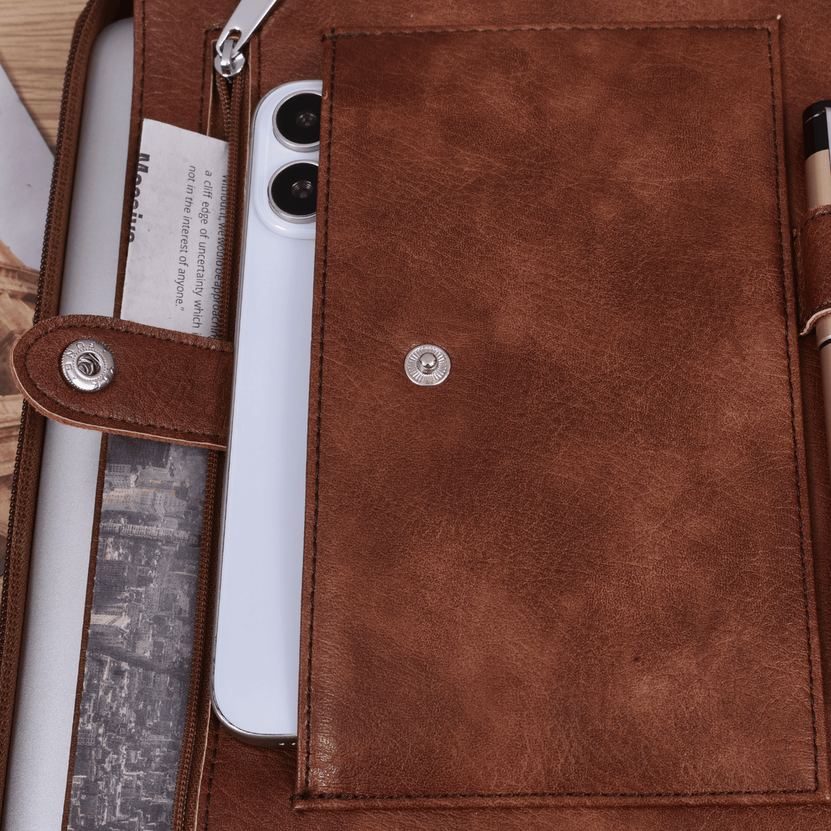 Personalized Vintage PU Leather A4 Portfolio Binder, Handmade Zipper Portfolio with Custom Name & Logo Embossing, Ring Binder, Laptop Pocket & Business Organizer