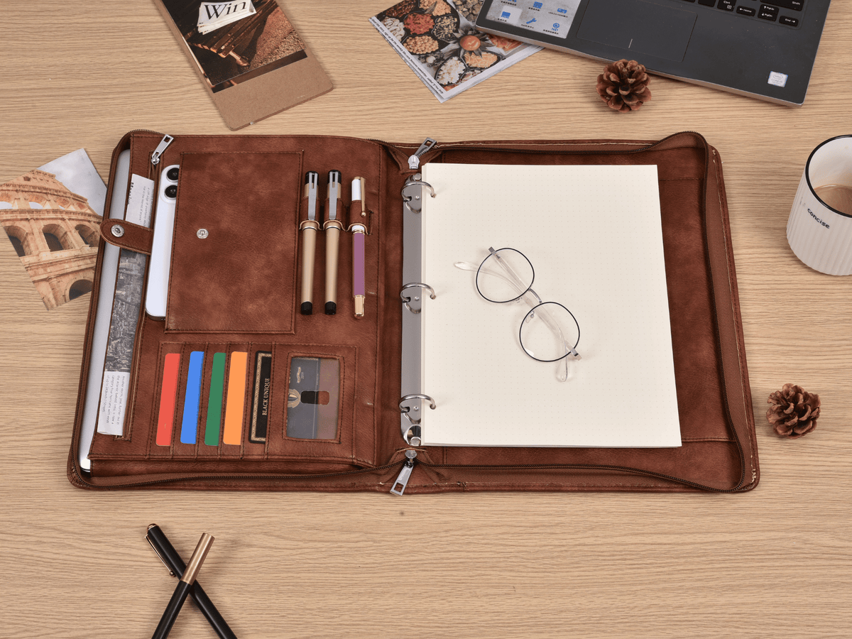 Personalized Vintage PU Leather A4 Portfolio Binder, Handmade Zipper Portfolio with Custom Name & Logo Embossing, Ring Binder, Laptop Pocket & Business Organizer