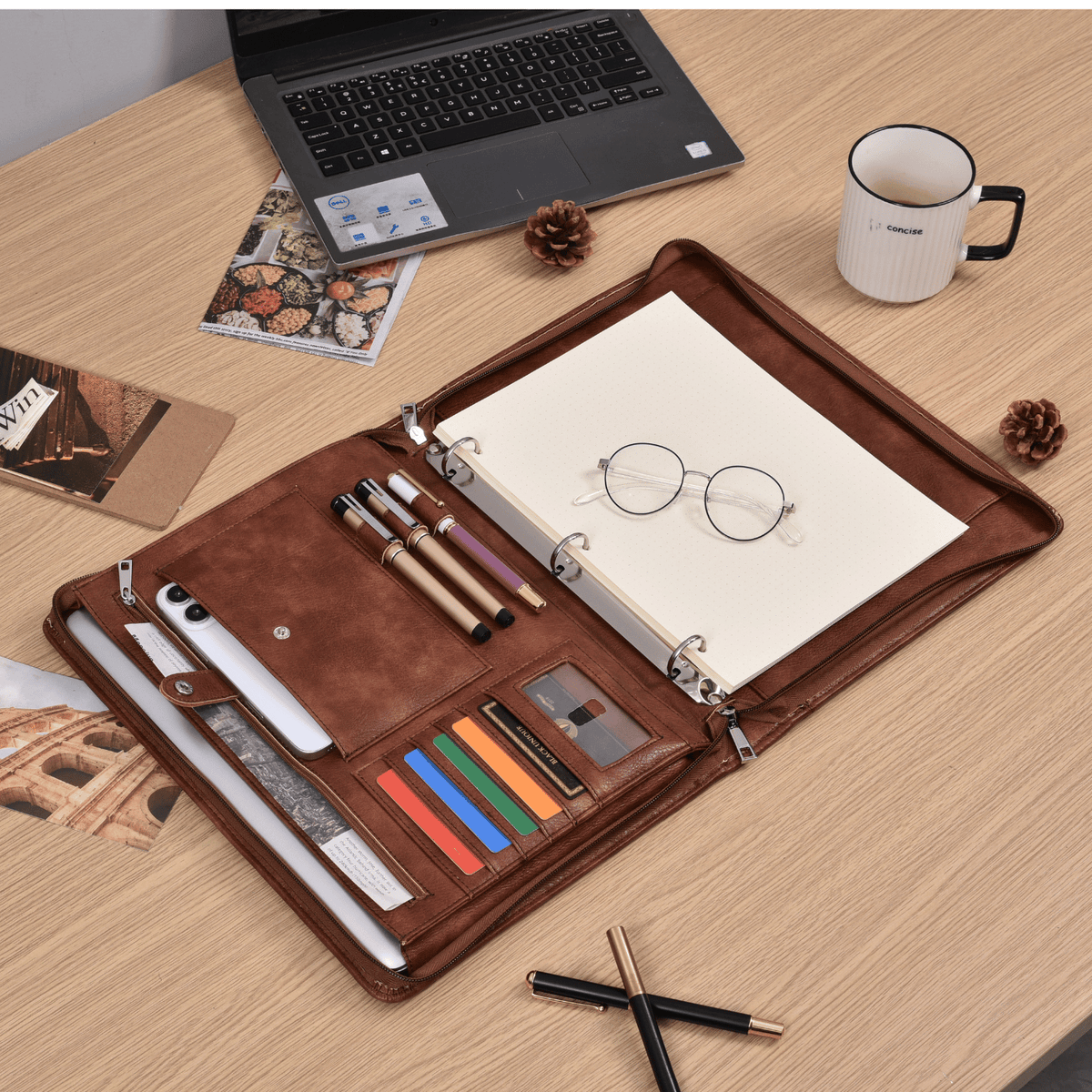 Personalized Vintage PU Leather A4 Portfolio Binder, Handmade Zipper Portfolio with Custom Name & Logo Embossing, Ring Binder, Laptop Pocket & Business Organizer