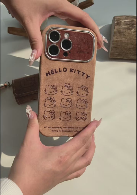 Vintage Hello Kitty Leather iPhone Case & AirPods Case Set | 2026 Trending Retro Kawaii Phone Cover for iPhone 12-17 Pro Max | AirPods 1/2/3/Pro | Brown Leather Wristlet Strap